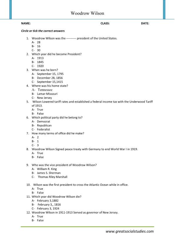 Woodrow Wilson biography, Woodrow Wilson facts, work sheets GREAT